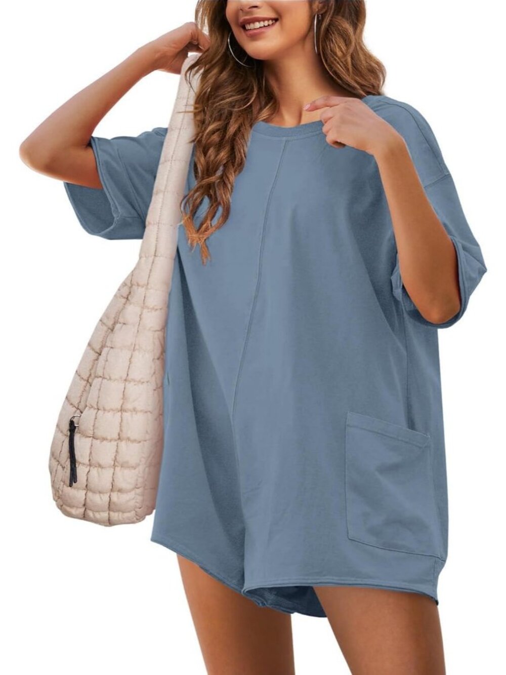 Women's Blue Grey Casual Oversized Athletic Overall Workout Hot Shot Tee Romper